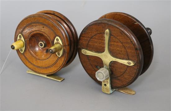 Two Victorian brass mounted mahogany fishing reels